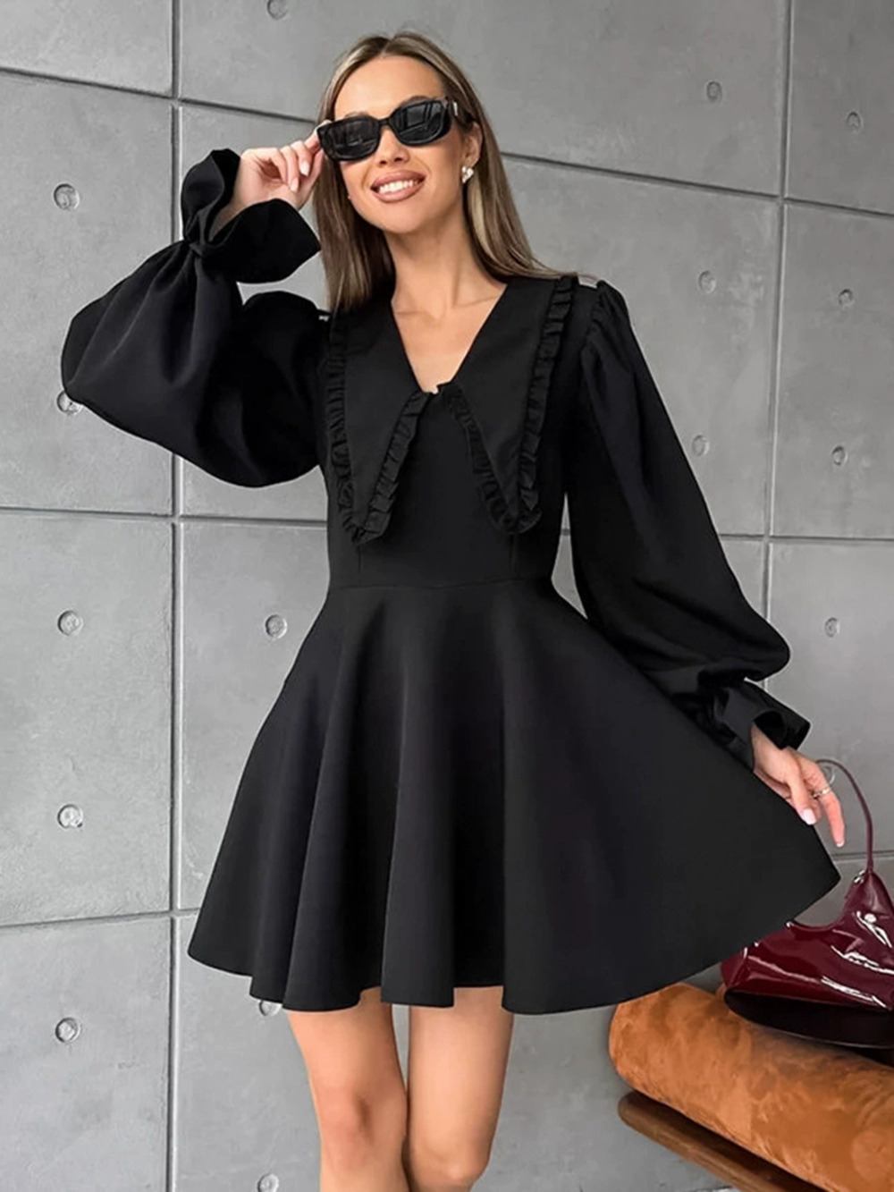 Forever 21 Spring Black Peter Pan Collar Bell Sleeve Waist A-Line Dress